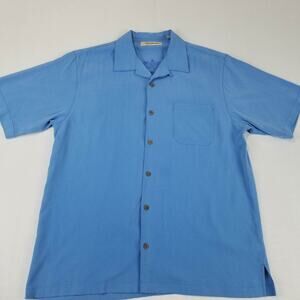 TOMMY BAHAMA Shirt Mens Large Silk Twill Button Up Loop Collar Camp Beach Blue